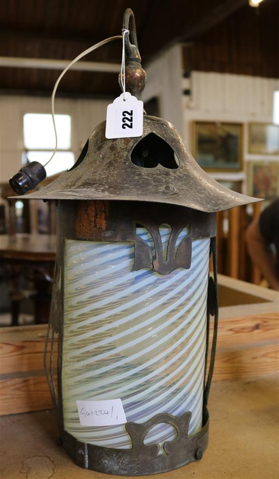 Arts & Crafts copper & vaseline glass shaded hanging lantern